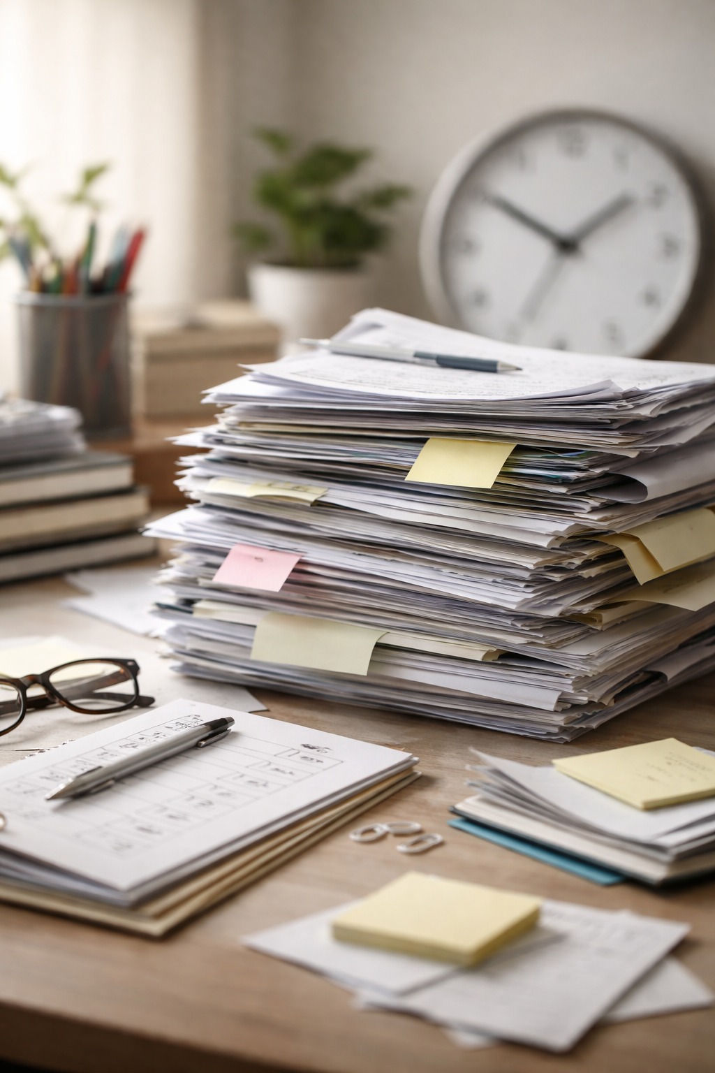 Stapel aus Notizen und Unterlagen auf einem Schreibtisch